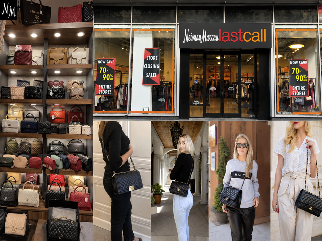 Luxury handbag clearance storefront and customers
