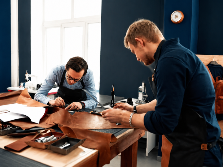 Leather artisans inspecting luxury materials