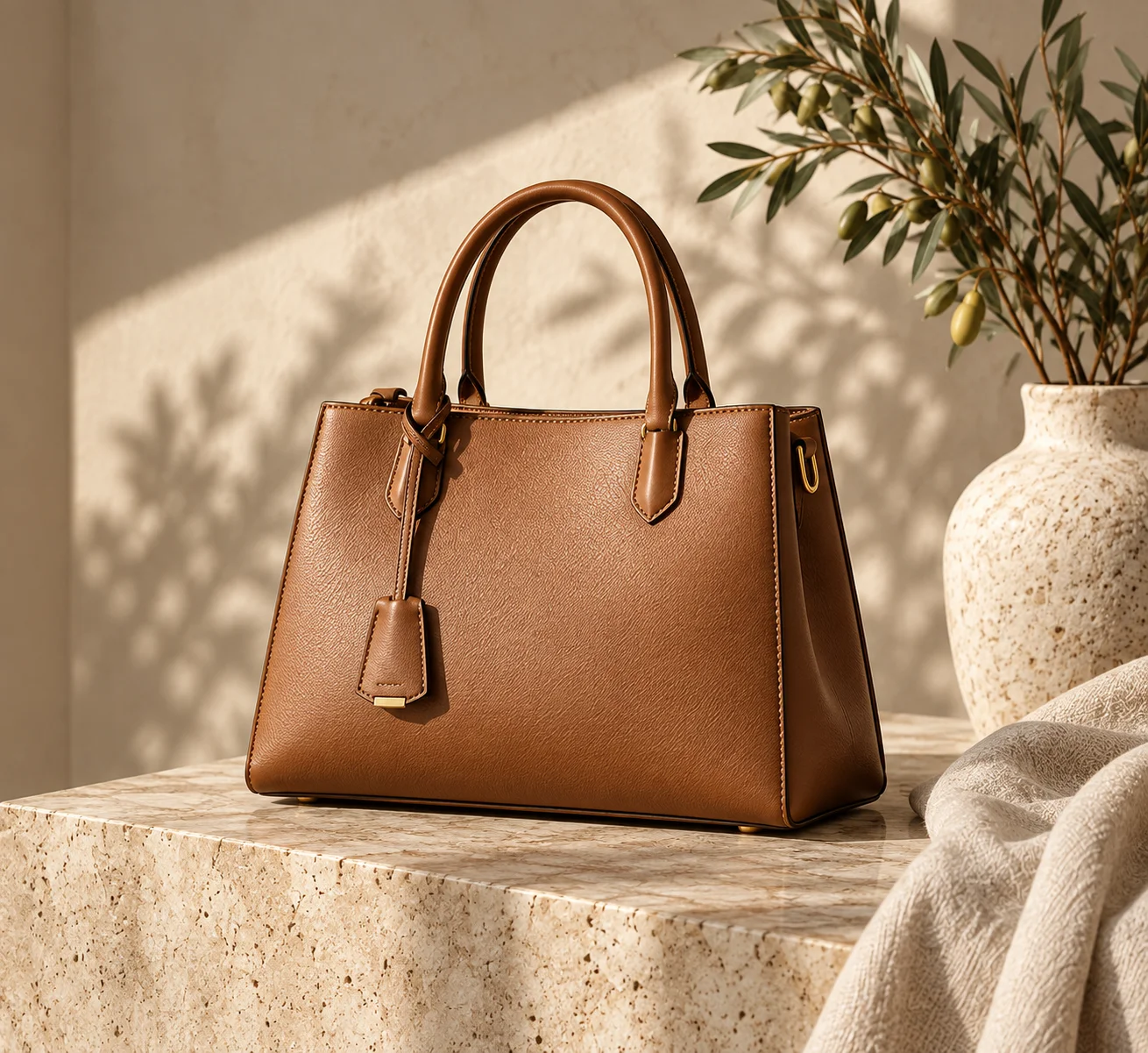 Cognac handbag styled with natural linen and warm travertine