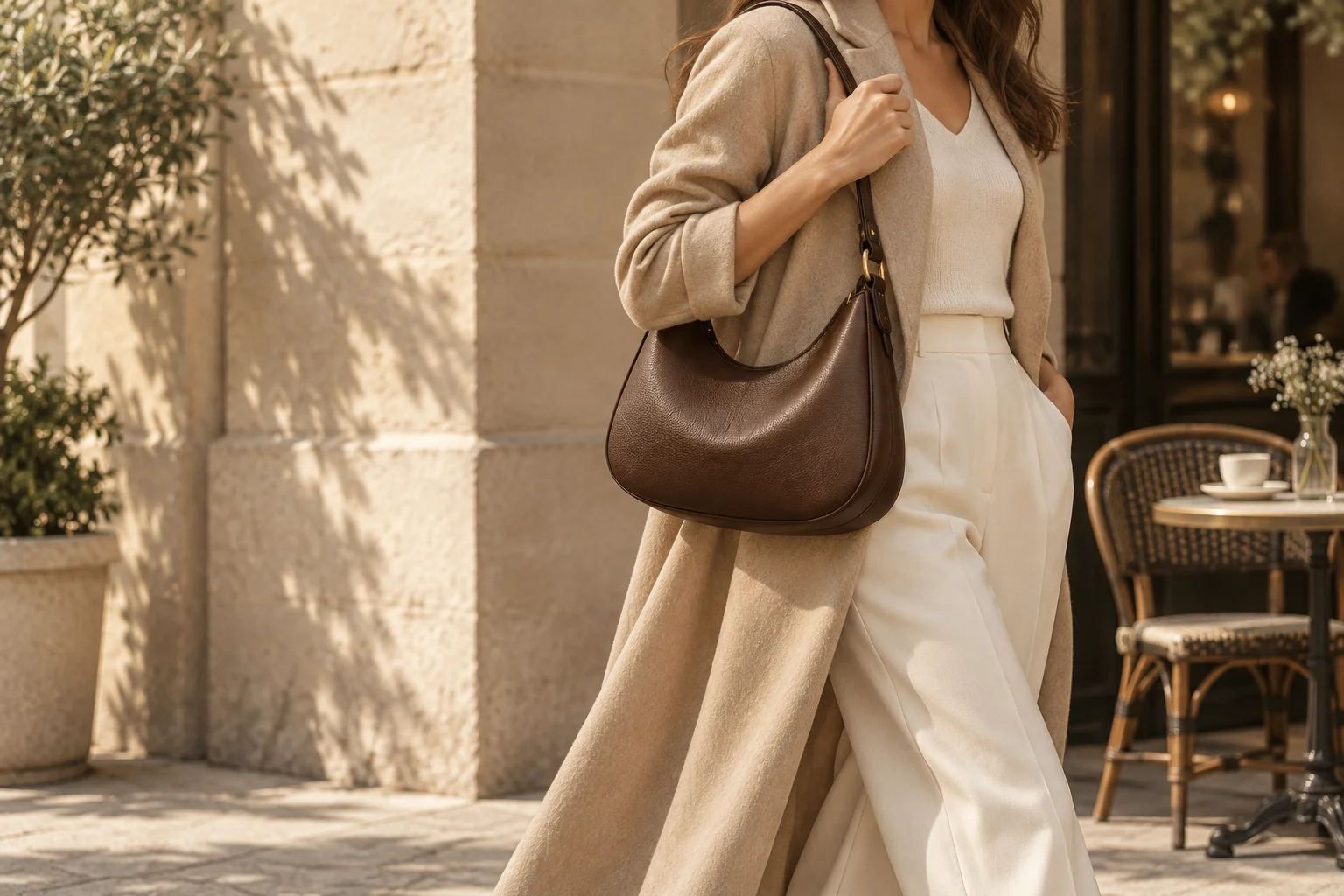 An everyday shoulder bag styled with an ivory outfit outside a sunlit cafe