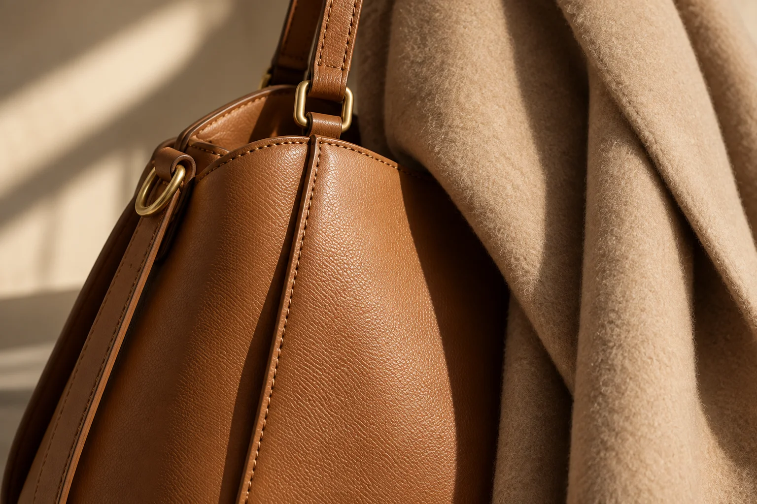 Warm leather textures and a camel coat in soft afternoon light