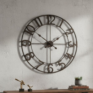 Dark charcoal open-frame wall clock with silver-edged numerals