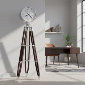 Black coffee tripod floor clock with polished chrome gear dial