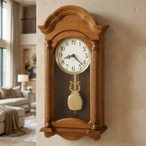 Golden oak dual-chime pendulum wall clock with brass-tone details