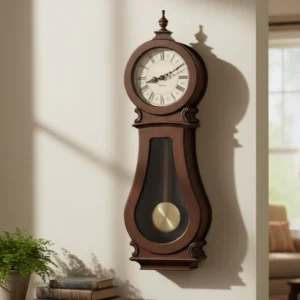 Cherry-tone triple-chime pendulum wall clock with aged Roman dial
