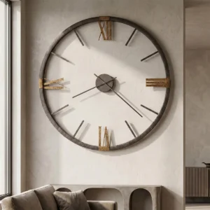 Textured charcoal oversized wall clock with antique gold Roman numerals