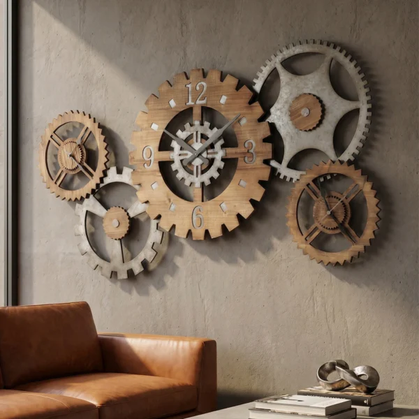 Galvanized Triple-Dial Gear Wall Clock