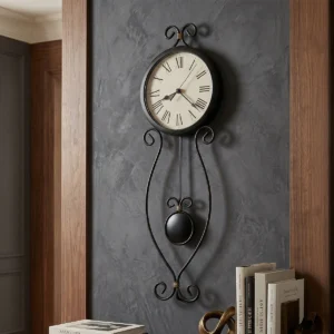 Antique black scrollwork pendulum wall clock with aged Roman dial