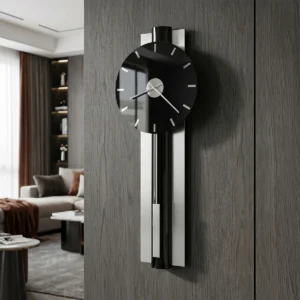 High-gloss black rectangular pendulum wall clock with nickel-tone accents