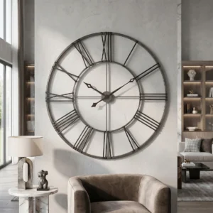 Aged nickel open-frame wall clock with dark Roman numerals