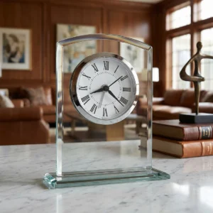 Beveled glass alarm table clock with white Roman numeral dial