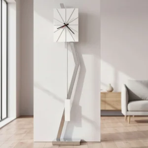 Gloss white angular floor clock with chrome markers and rectangular pendulum