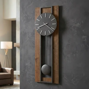 Amber brown open-frame pendulum wall clock with charcoal dial