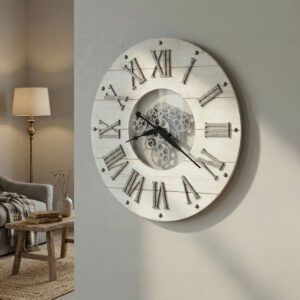 Antique white wall clock with moving galvanized gears and Roman numerals