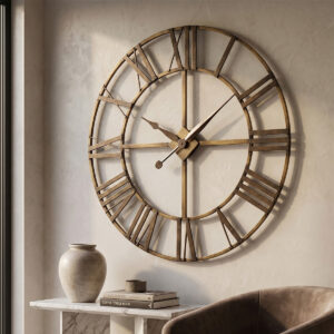 Antique brass oversized open-frame wall clock with Roman numerals