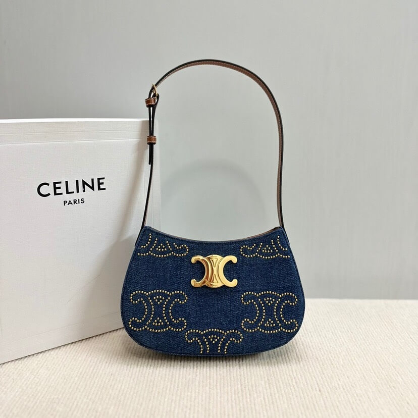 CELINE TILLY TRIOMPHE Medium Bag in Studded Denim and Calfskin