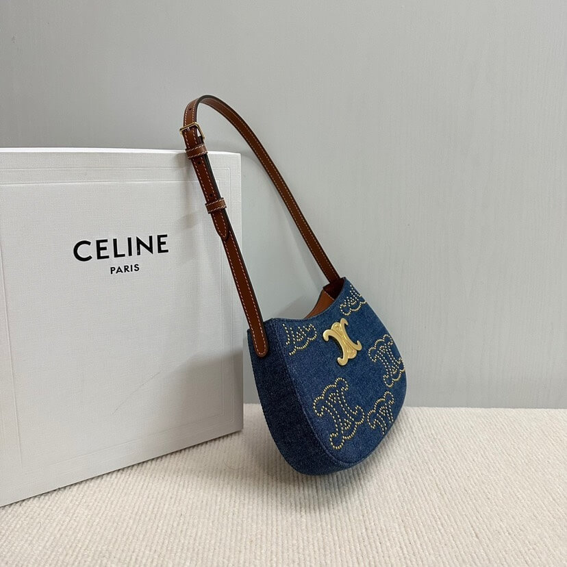 CELINE TILLY TRIOMPHE Medium Bag in Studded Denim and Calfskin