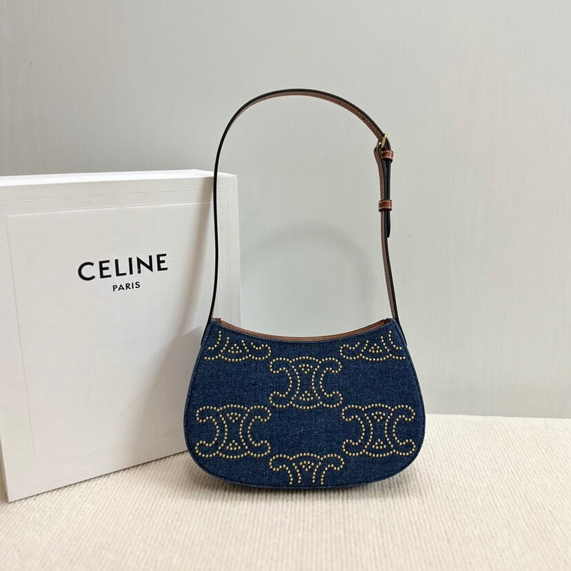 CELINE TILLY TRIOMPHE Medium Bag in Studded Denim and Calfskin