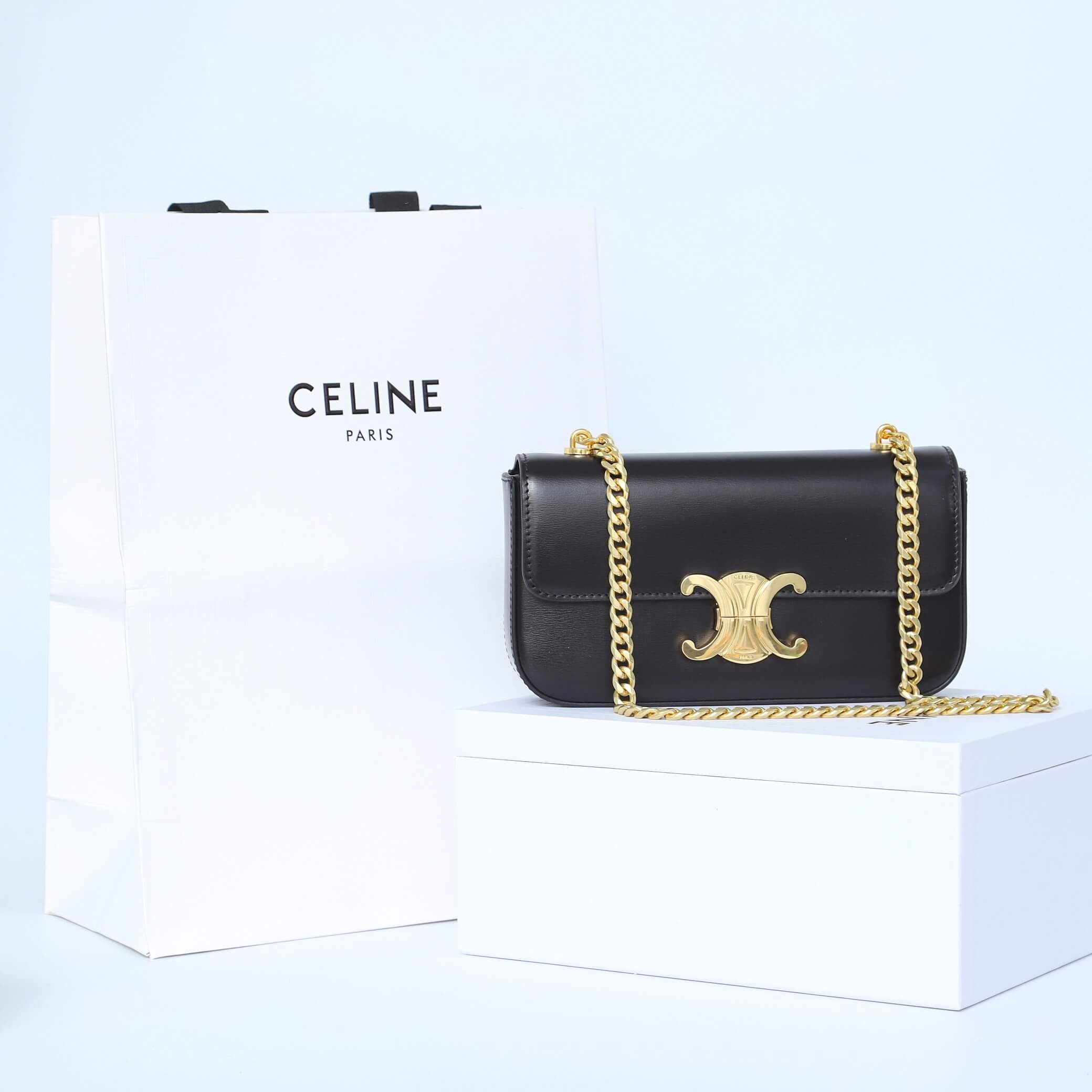 CELINE CLAUDE shiny cowhide leather chain shoulder bag
