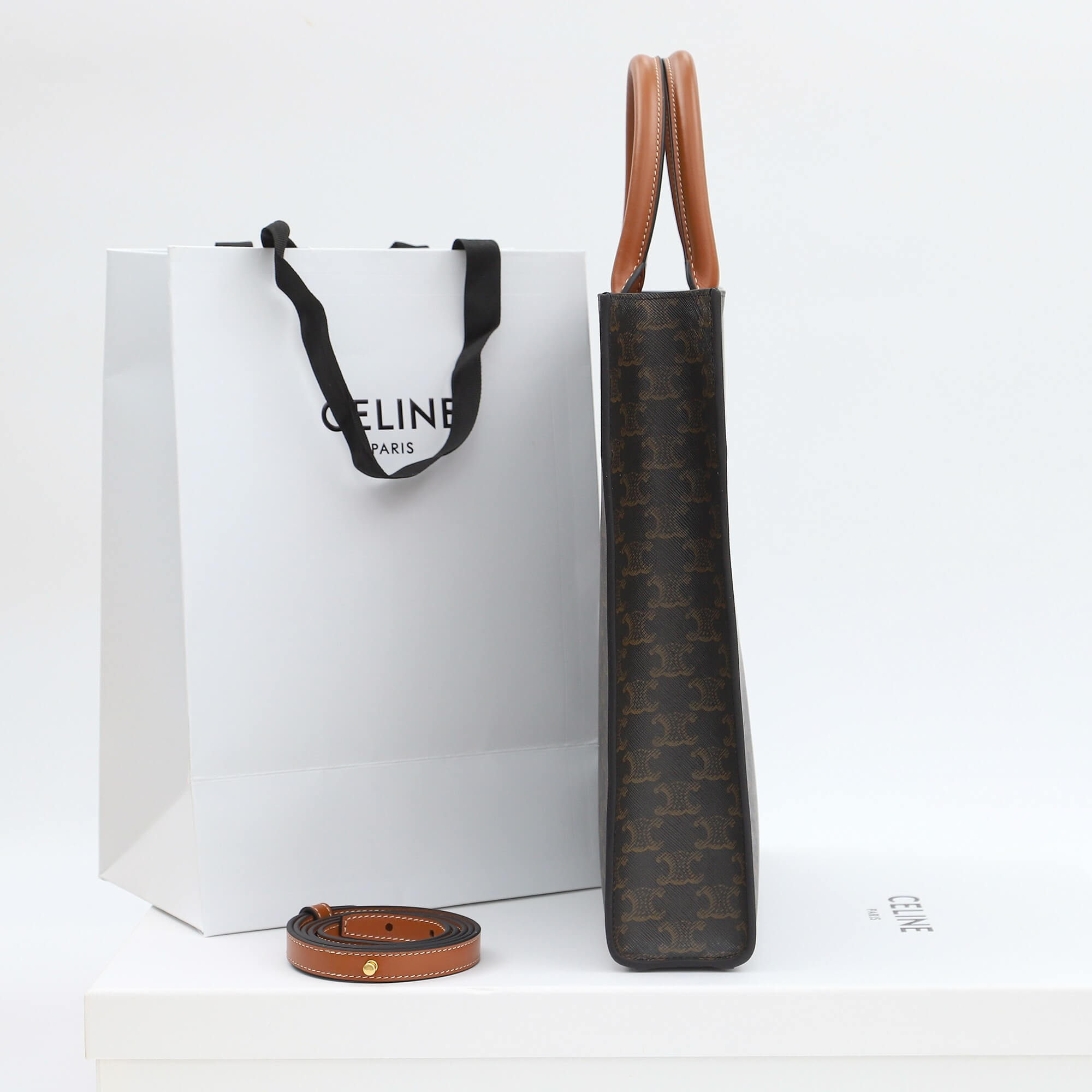 CELINE Vertical Cabas bag in calfskin with logo print and Celine print