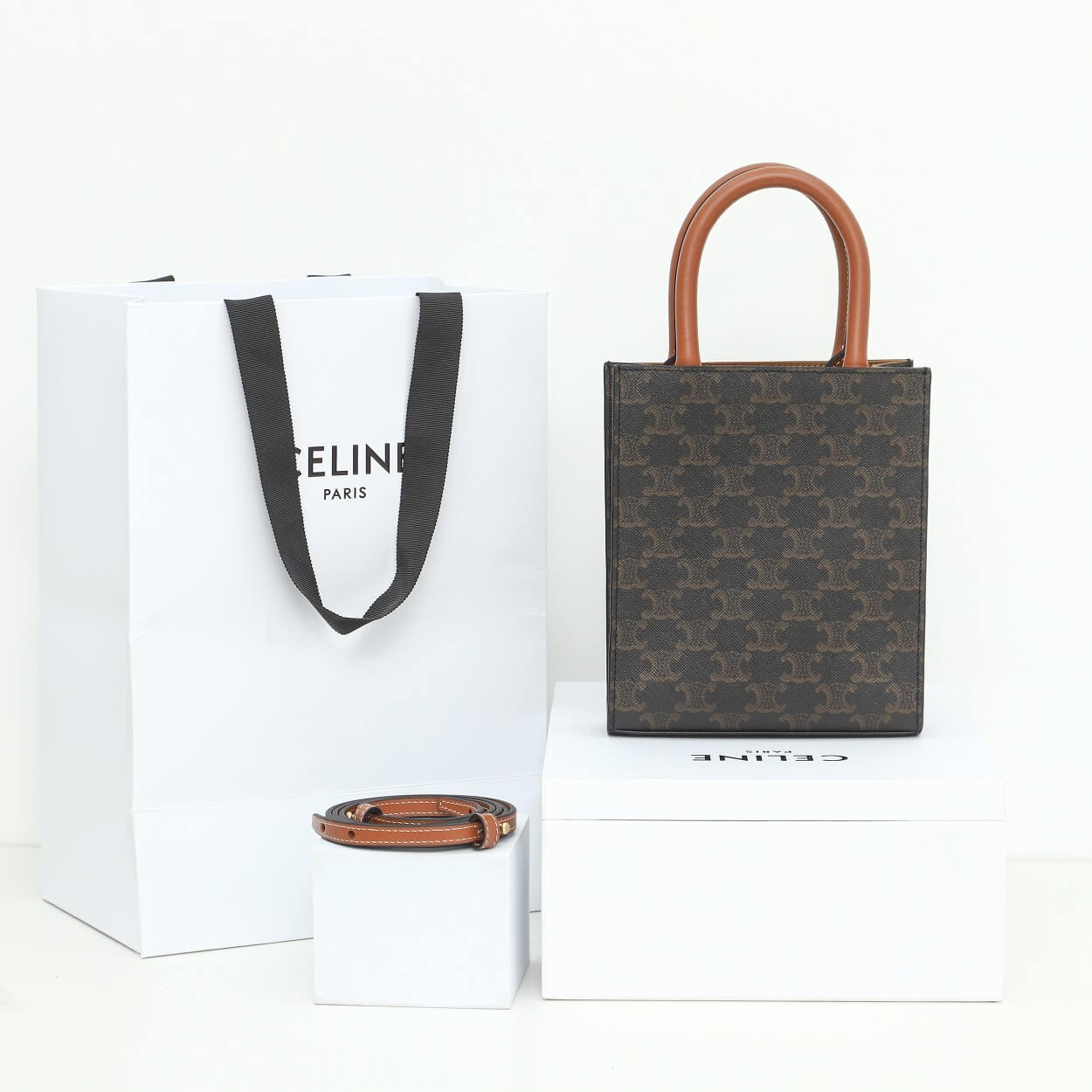 CELINE Mini Vertical Cabas Bag in Calfskin Leather with Logo and Celine Print