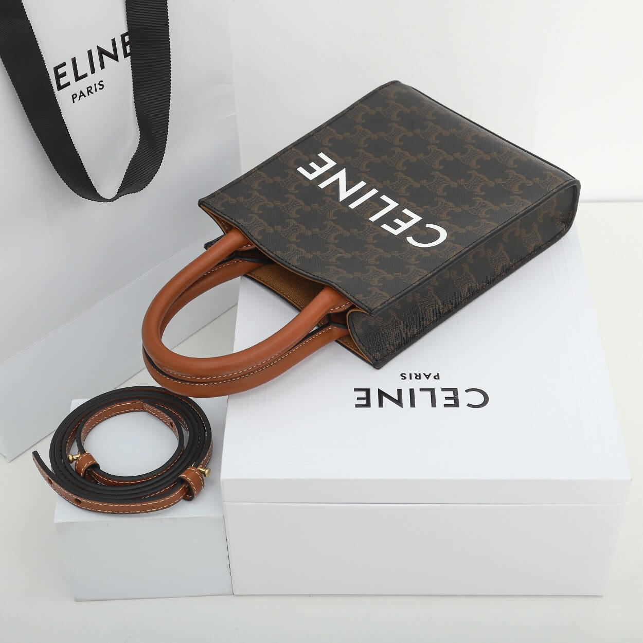 CELINE Mini Vertical Cabas Bag in Calfskin Leather with Logo and Celine Print