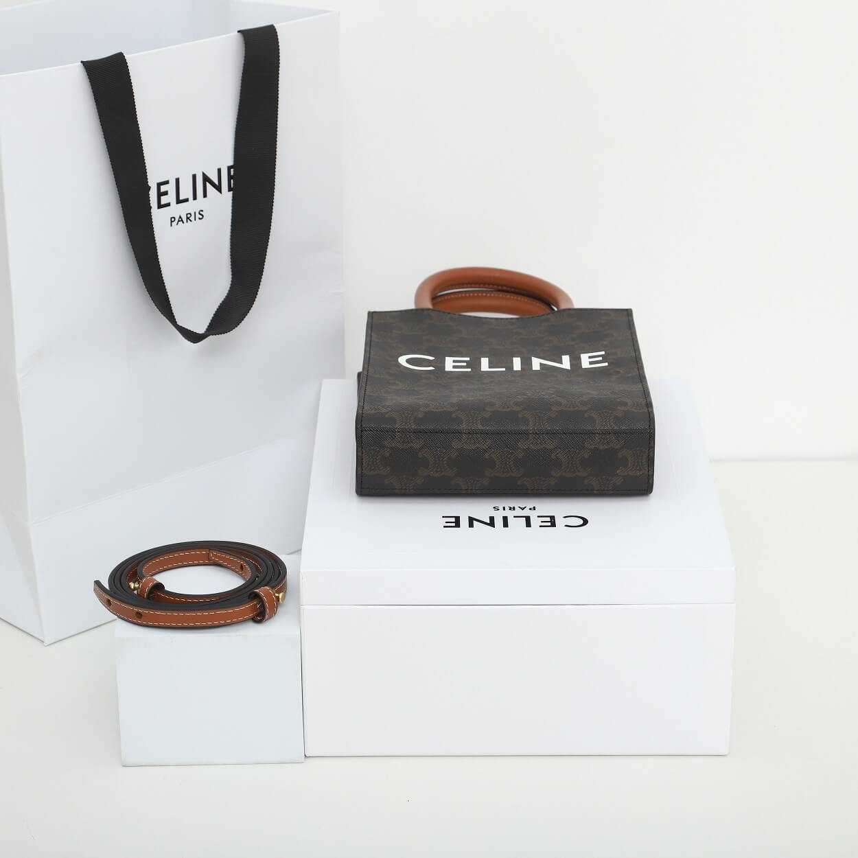 CELINE Mini Vertical Cabas Bag in Calfskin Leather with Logo and Celine Print