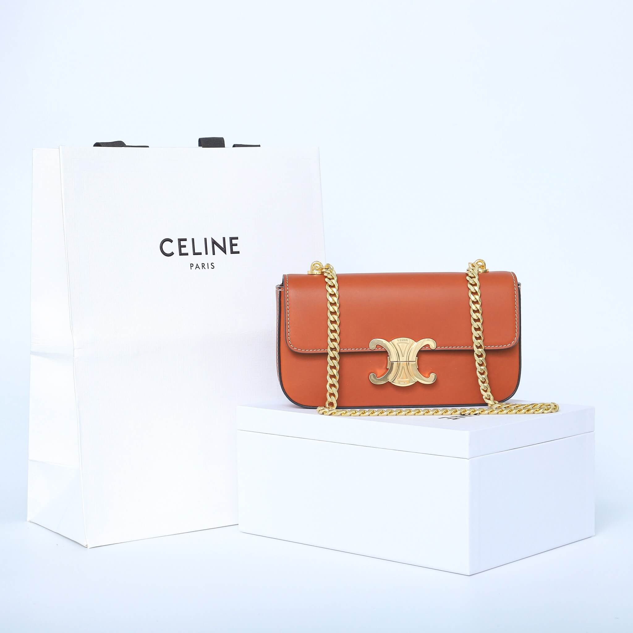 CELINE CLAUDE shiny cowhide leather chain shoulder bag