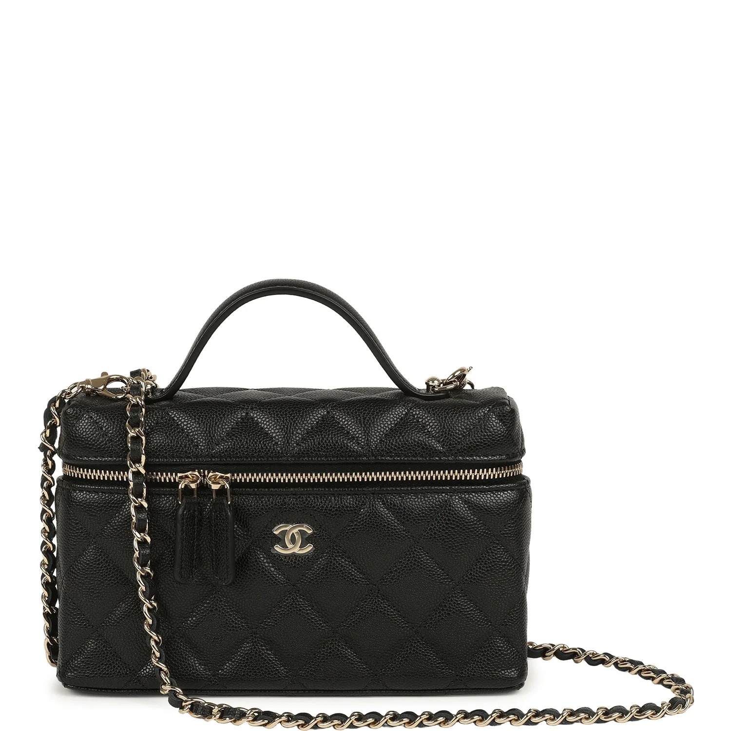 Chanel Top Handle Long Vanity Case with Chain Black Caviar Light Gold Hardware