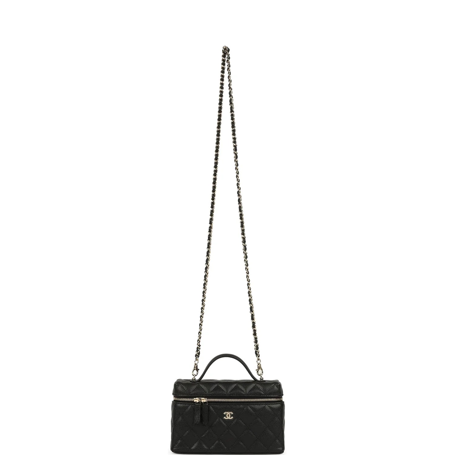 Chanel Top Handle Long Vanity Case with Chain Black Caviar Light Gold Hardware