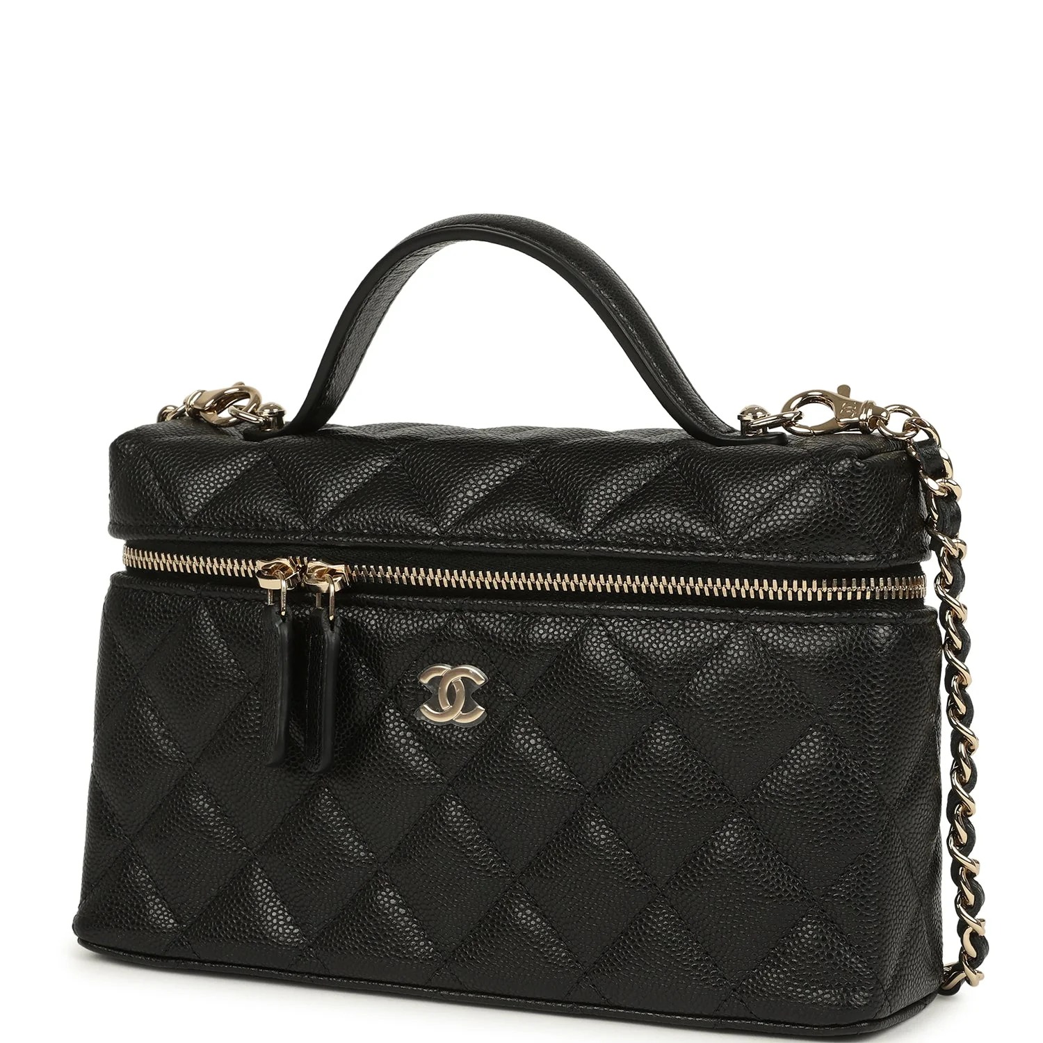 Chanel Top Handle Long Vanity Case with Chain Black Caviar Light Gold Hardware