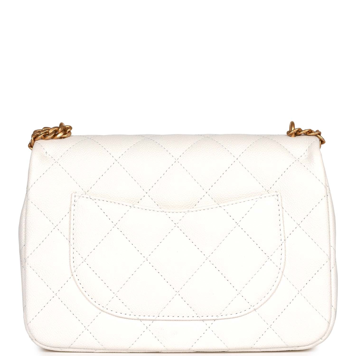 Large Single Flap White Caviar Leather Antique Gold Hardware