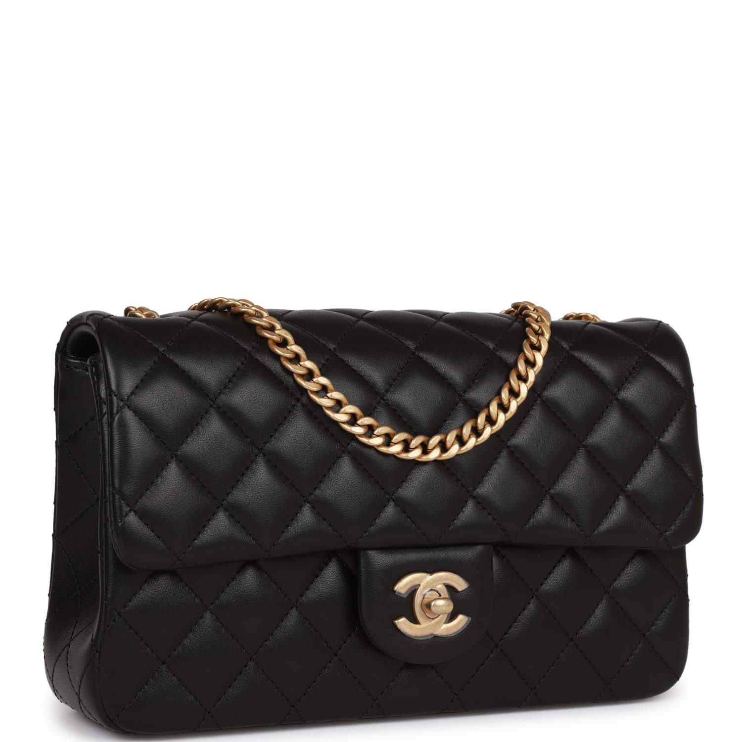 Medium Camellia Crush Flap Bag Black Lambskin Antique Gold Hardware