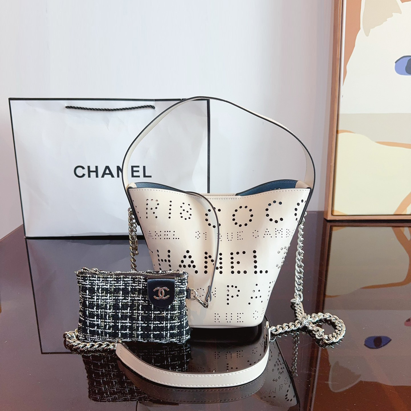 Calfskin Tweed Small Piercing Light Bucket Bag