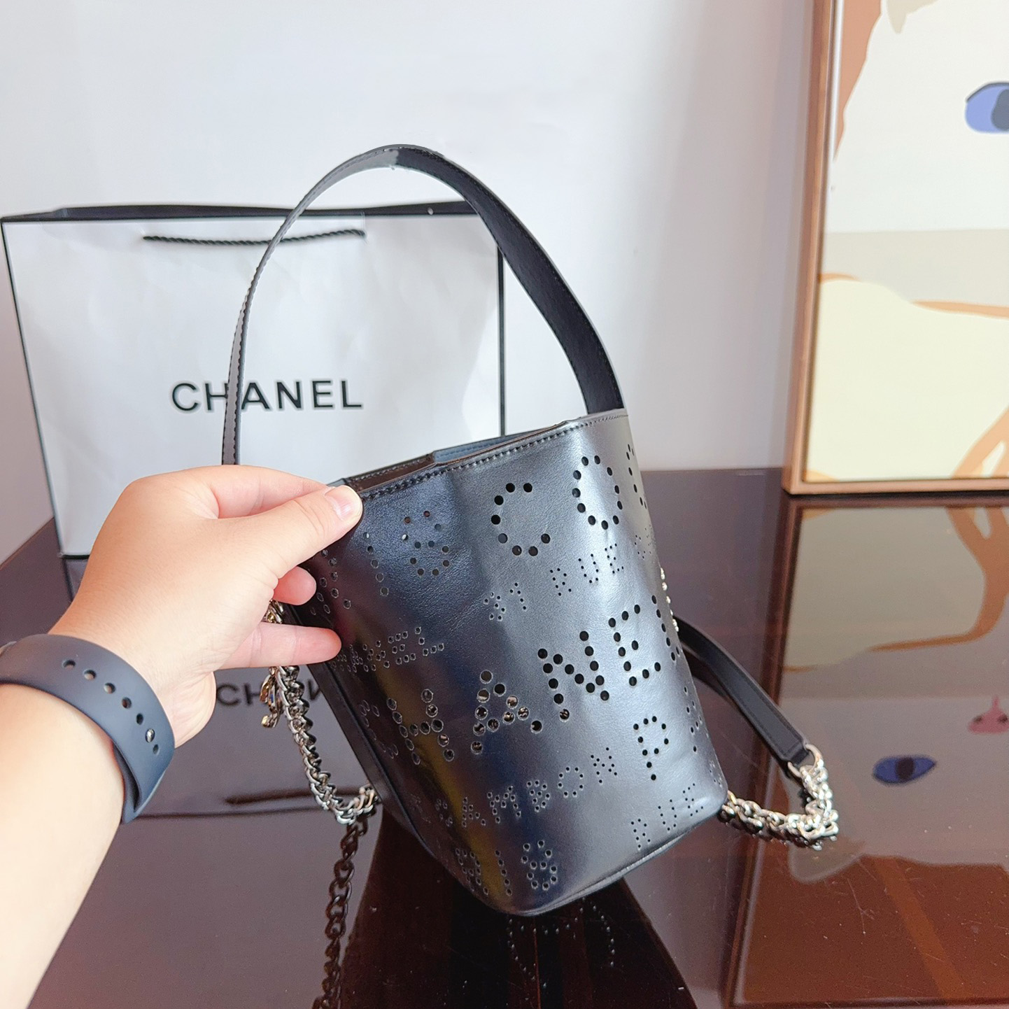 Calfskin Tweed Small Piercing Light Bucket Bag