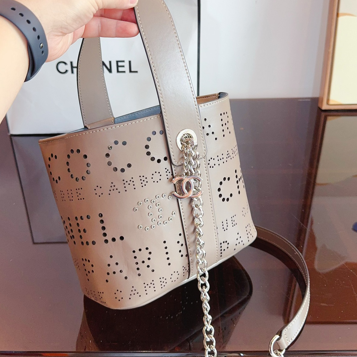 Calfskin Tweed Small Piercing Light Bucket Bag