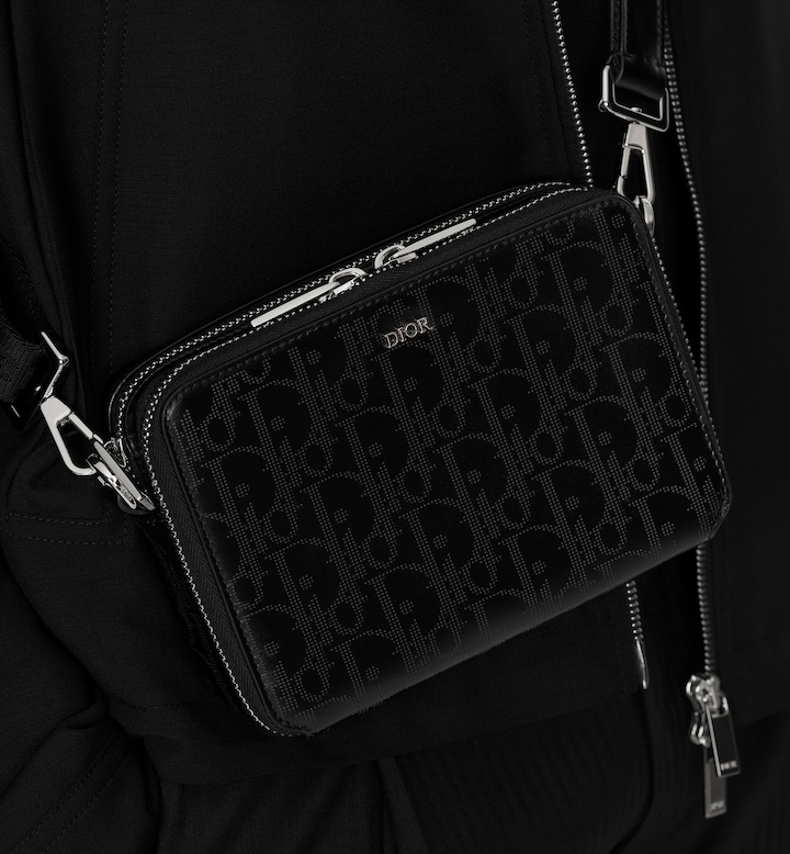 Zipped Pouch with Strap Black Oblique Galaxy Leather