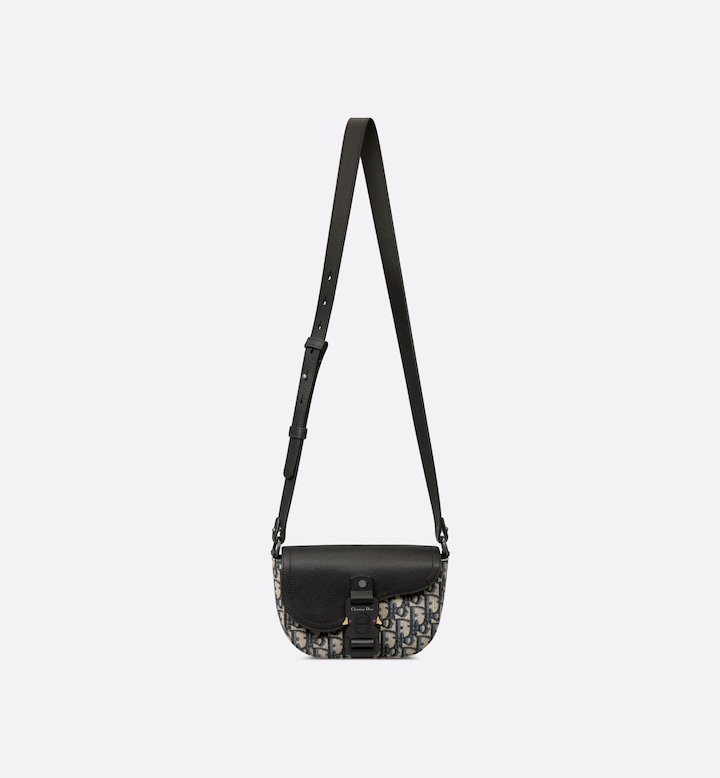 Mini Saddle Messenger Bag with Flap Beige and Black Oblique Jacquard with Black Grained Calfskin