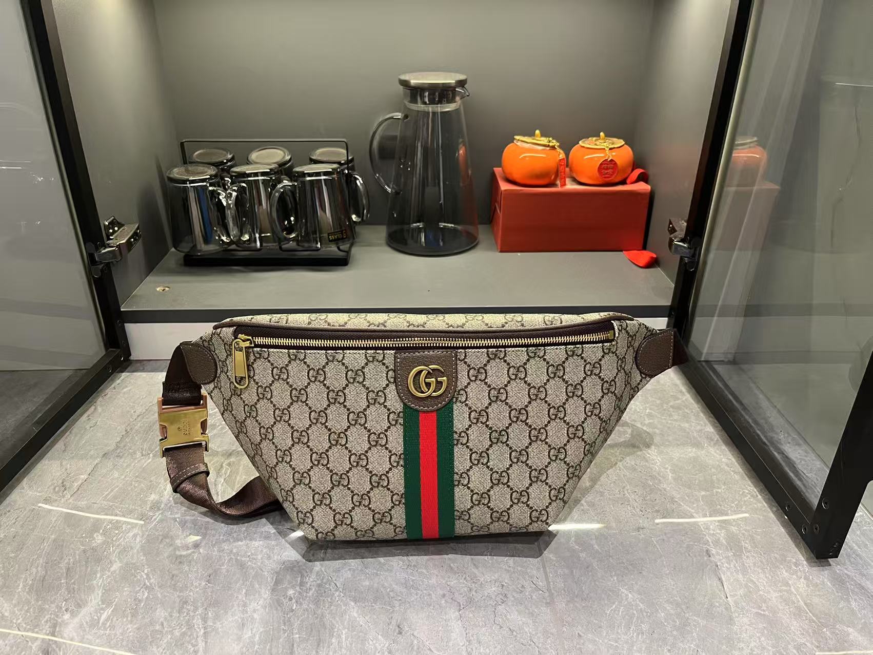 Gucci Ophidia GG Monogram Large Belt Bag - Beige and dark brown