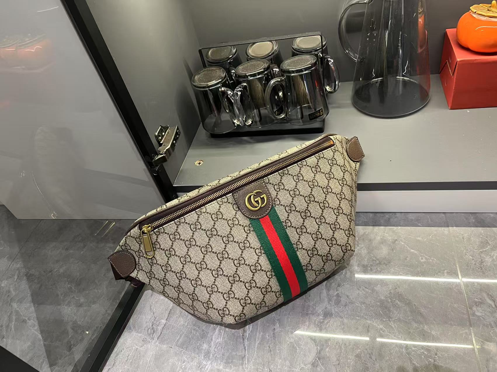 Gucci Ophidia GG Monogram Large Belt Bag - Beige and dark brown