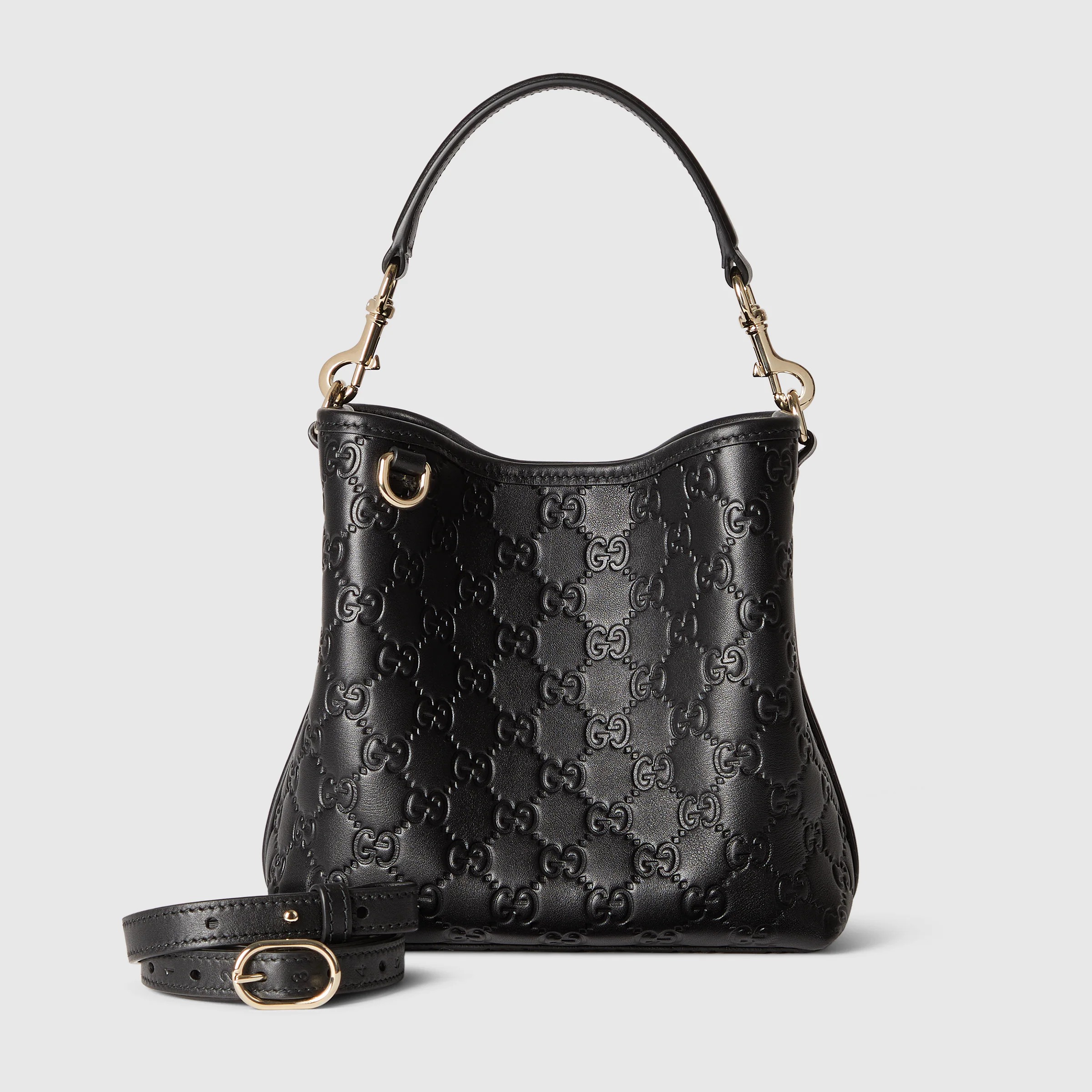 Gucci GG Emblem Small Bucket Bag GG Print Embossed Leather - Black