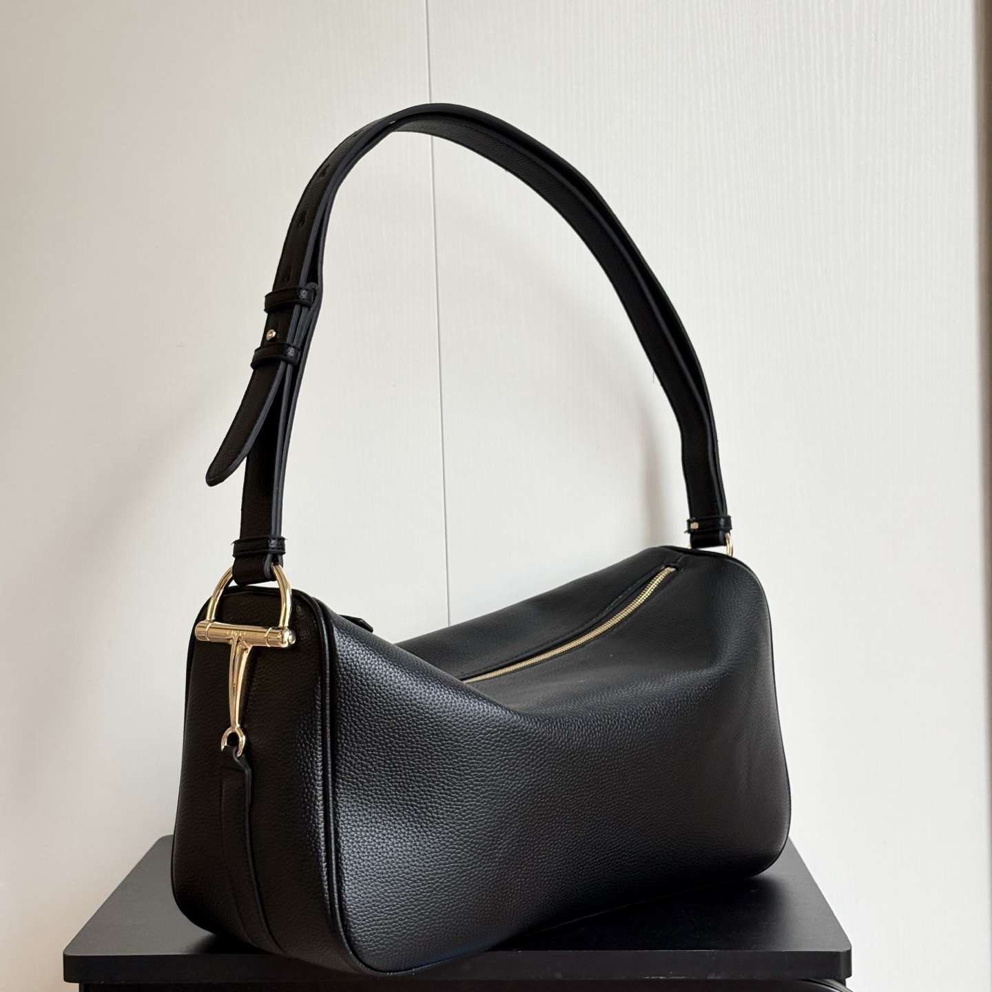 Gucci Half Horsebit Shoulder Black soft grainy leather Bag