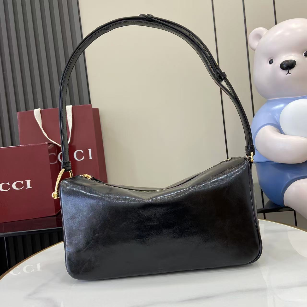 Gucci Half Horsebit Shoulder Black soft glossy leather Medium - Bag