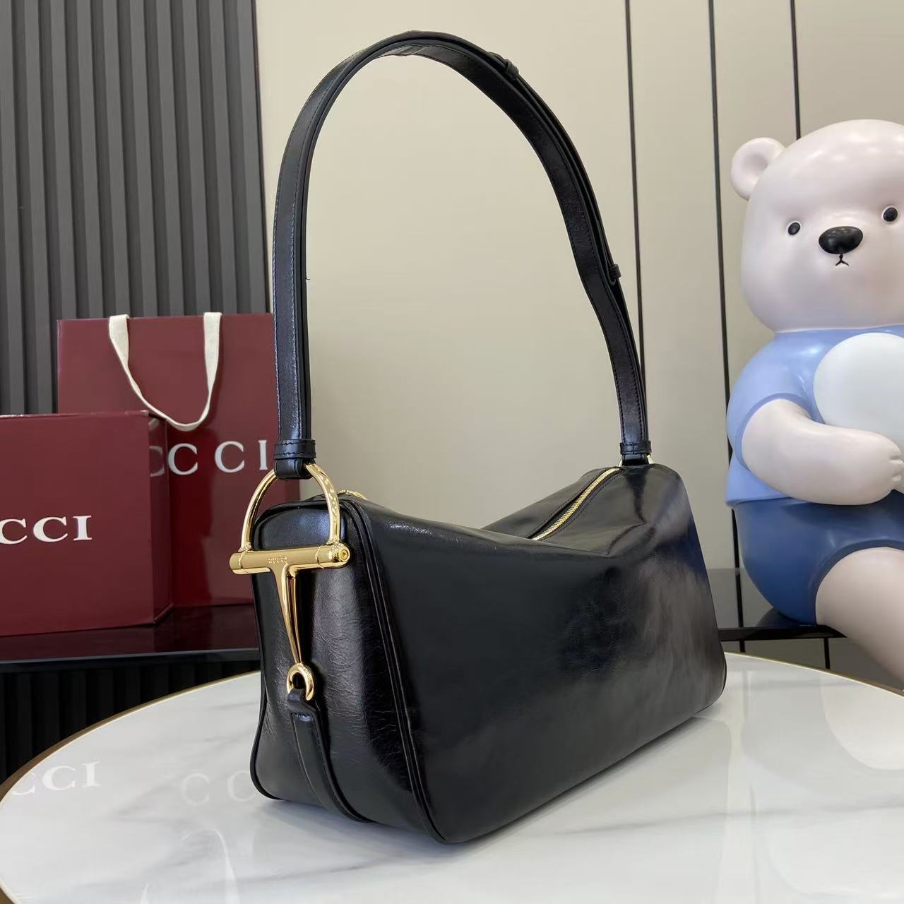 Gucci Half Horsebit Shoulder Black soft glossy leather Medium - Bag