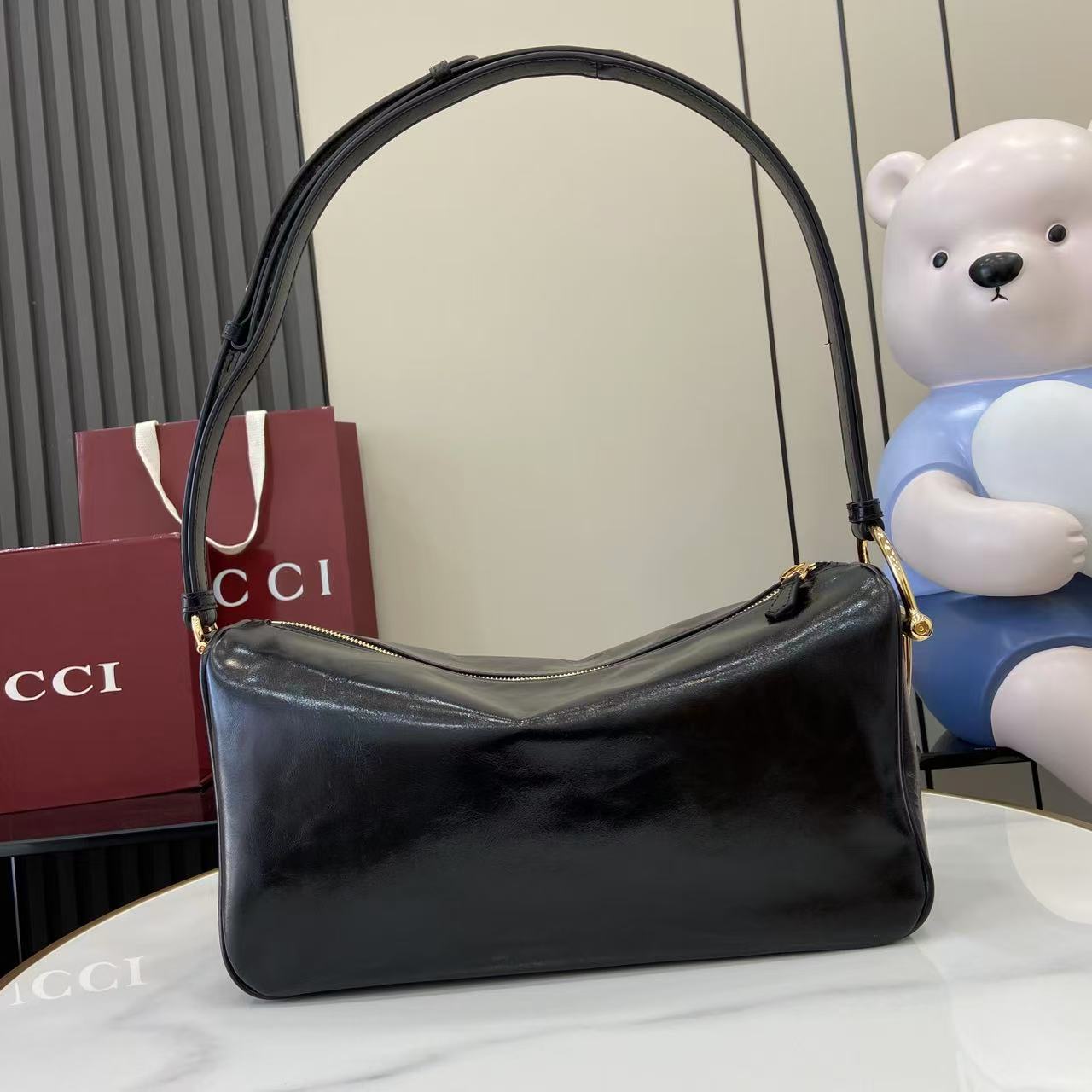 Gucci Half Horsebit Shoulder Black soft glossy leather Medium - Bag