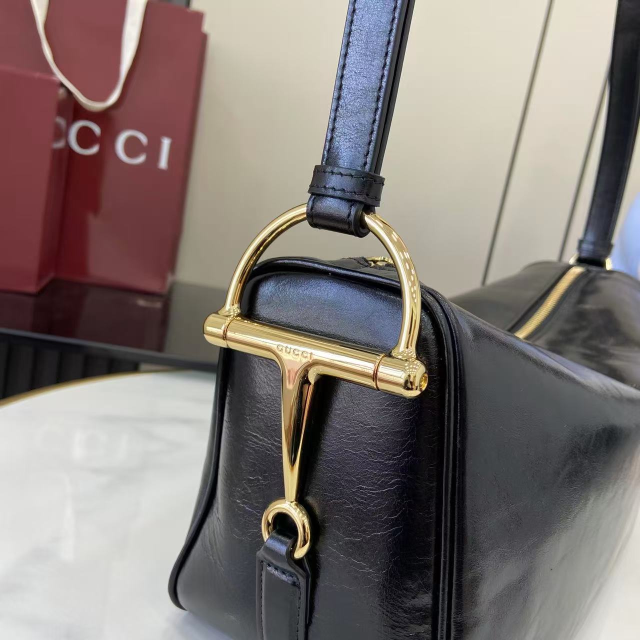 Gucci Half Horsebit Shoulder Black soft glossy leather Medium - Bag