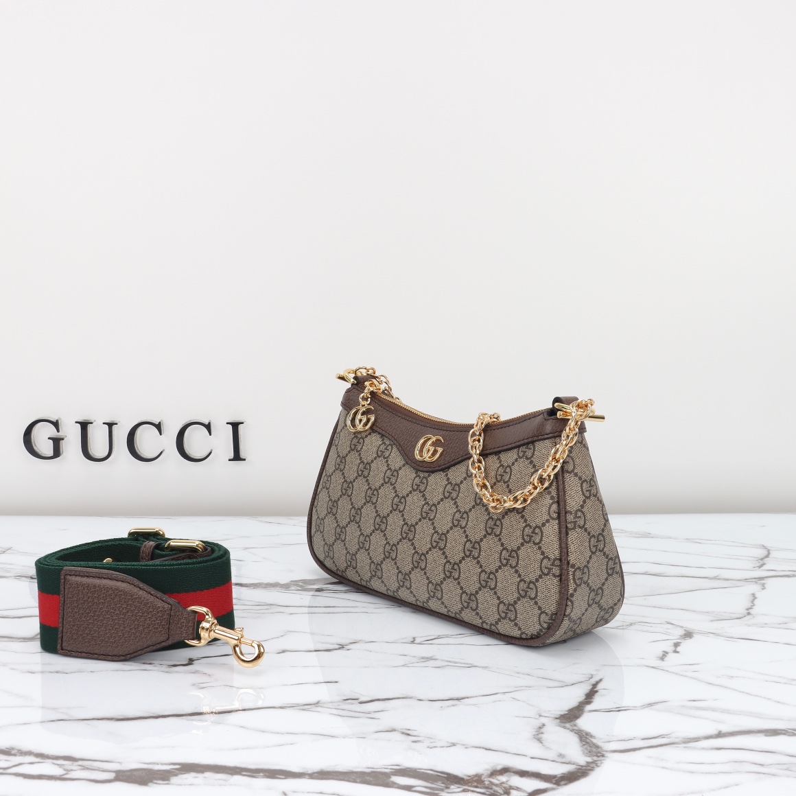 Gucci Ophidia Collection Small Handbag with Extra Strap - Beige And Dark Brown Bag