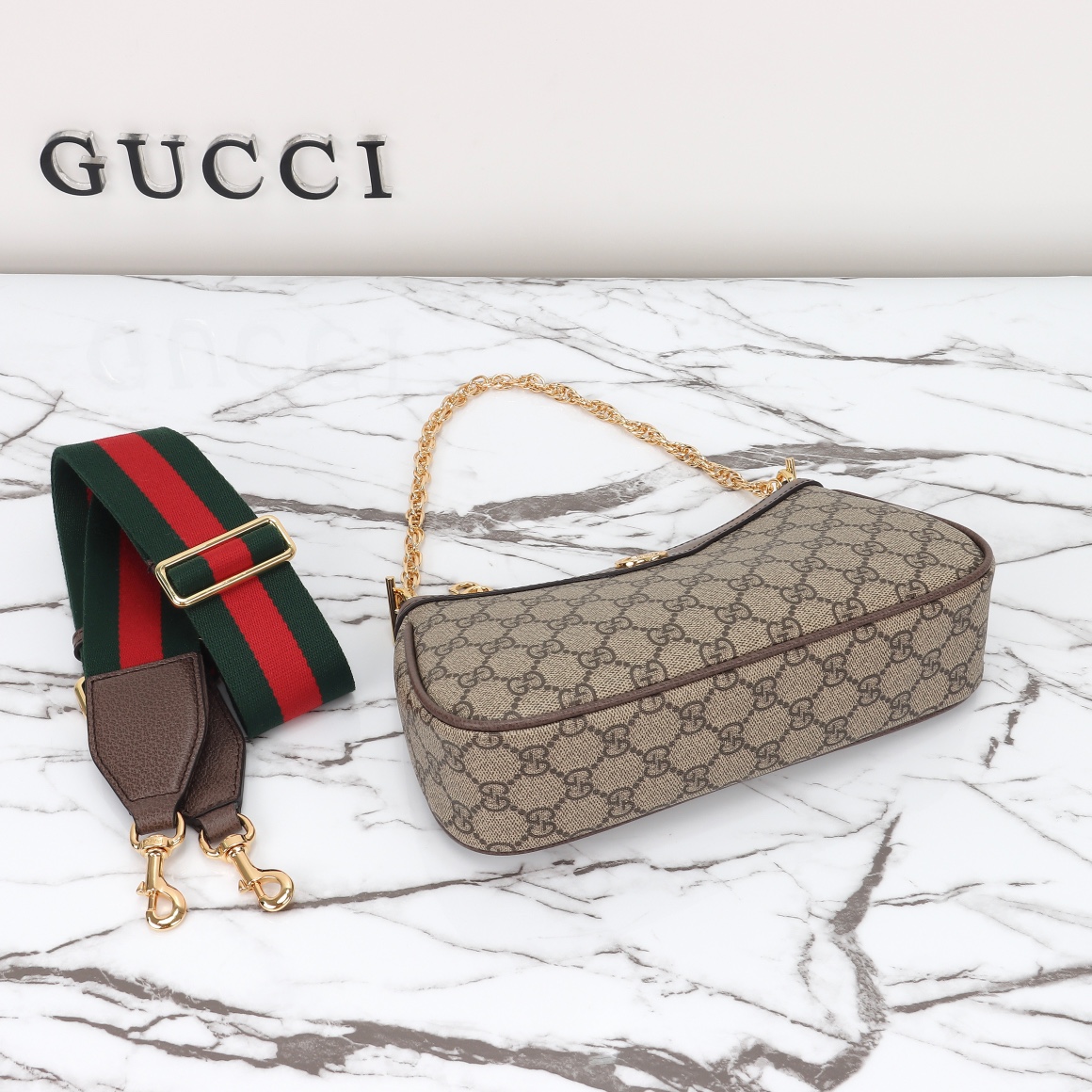 Gucci Ophidia Collection Small Handbag with Extra Strap - Beige And Dark Brown Bag