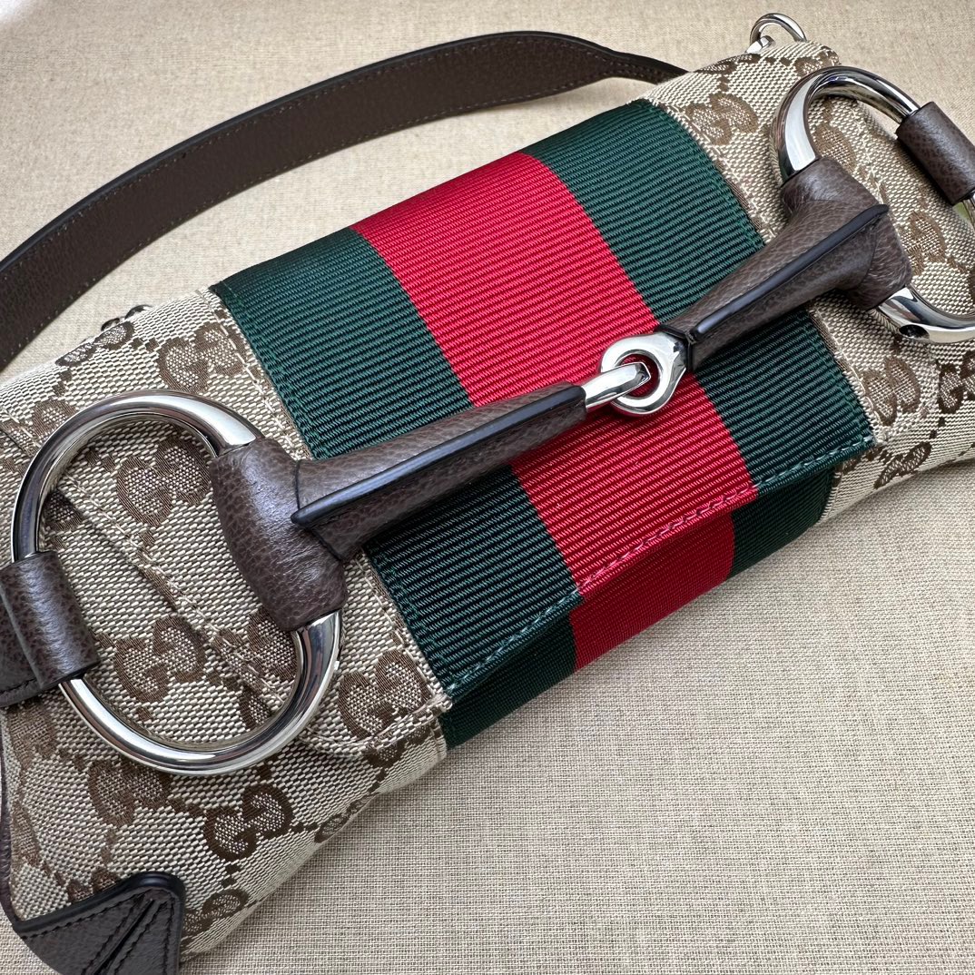 Gucci Horsebit Chain Small Shoulder Bag Beige And Ebony Original GG Canvas - Bag