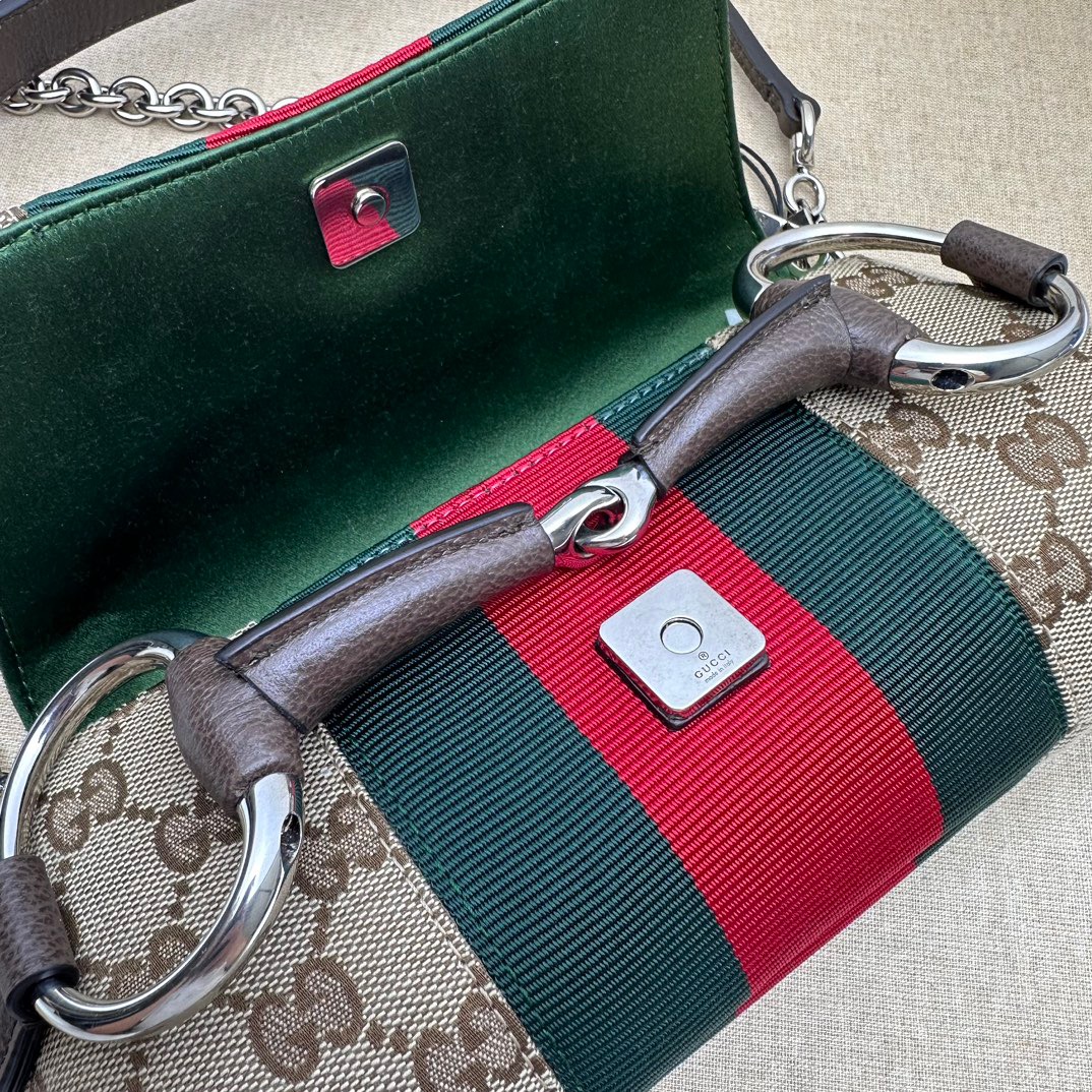 Gucci Horsebit Chain Small Shoulder Bag Beige And Ebony Original GG Canvas - Bag